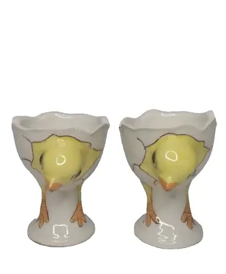 Vintage Hand Painted Ceramic Egg Cup Egg Holders Cracked Egg Chick Chicken • $12.95
