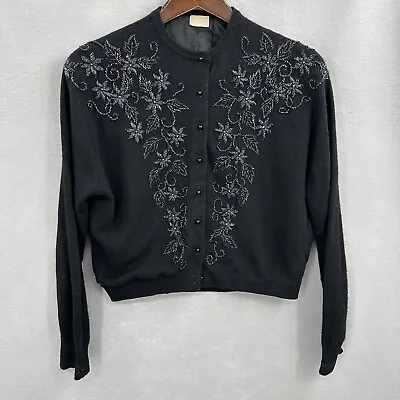 Vintage Casmira Cardigan Sweater Womens Small Black Beaded Flowers 1950s Lined • $55.97