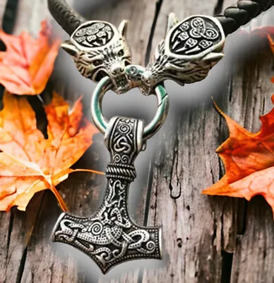 Viking Hammer & Wolf Claw Pendant Necklace Norse Mythology Silvery Leather Men’s • $7.35