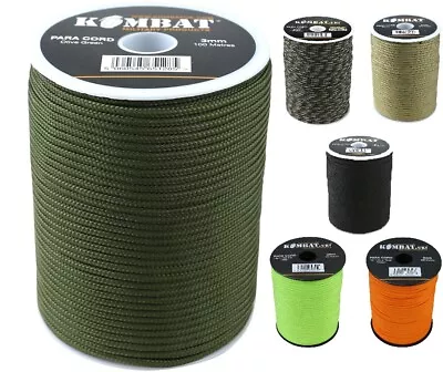 NEW KombatUK 100m Para Paracord Cord Rope String 3mm On Reel - Various Colours • £8.45