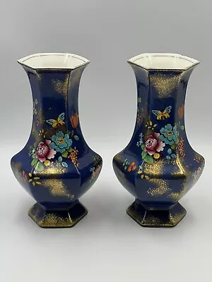 Falcon Ware J H W & Sons Ceramic Vases 23cm Cobalt Blue Floral Design One Pair • £49.95