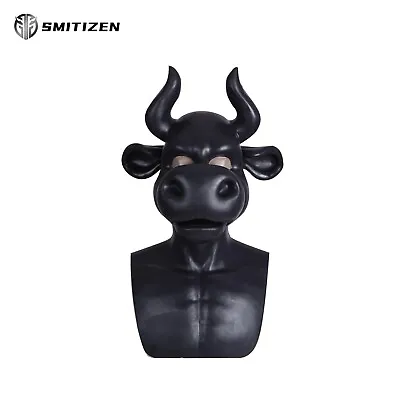 Smitizen Over The Head Horned Black Bull Cow Costume Silicone Head Mask Cosplay • $552.81