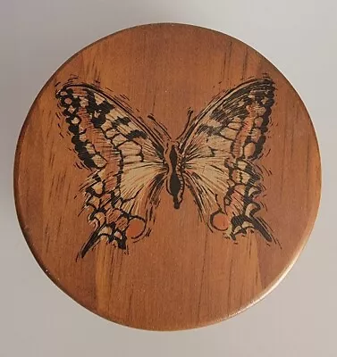 VTG Hand Painted Butterfly Round Wooden Jewelry Trinket Box MCM • $24.95