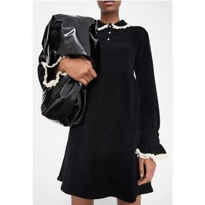 $40.50 • Buy Zara Jewel Rhinestone Button Chenille Dress Babydoll Lace Peter Pan Collar Black