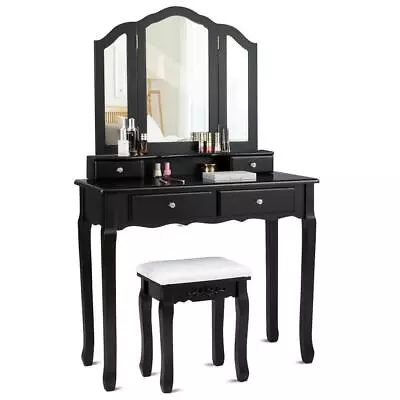 FORCLOVER Dressing Vanity Table Stool Set With Mirror And Padded Seat Black • $437.57