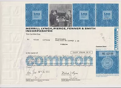 Merrill Lynch Pierce Fenner & Smith Stock Certificate Bank Of America Blue • $8.99