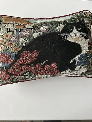 Vintage NEWPORT Style Tapestry Lumbar Pillow Tuxedo CAT In Garden Sunflowers • $31.50