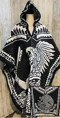 Mexican PONCHO Calendario Azteca With Hoodie SIZE FITS All Sarape Double Sided • $65