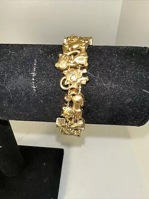 Vintage TOFA Gold Tone Double Chain 10 Slide Cat Motif Charm Fashion Bracelet • $14.99