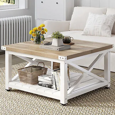 Farmhouse Square Coffee Table For Living Room End Table With Open Storage Shelf • $75.99