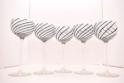 SET 5 STEVEN MASLACH BLACK LATTICINO SWIRL 8 1/8  WINE GLASSES Goblets ART GLASS • $184.16