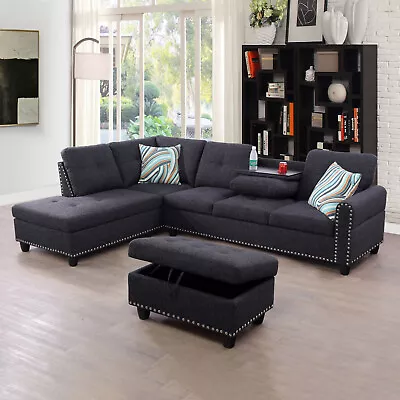 Black Grey Linen 3-Piece Sofa Living Room Sofa Set Sectional Conversation Sofas • $149.99