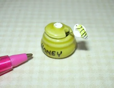 Miniature Yellow Ceramic Honey Pot W/Lid And Bee Honey Dipper: DOLLHOUSE 1:12 • $9.98