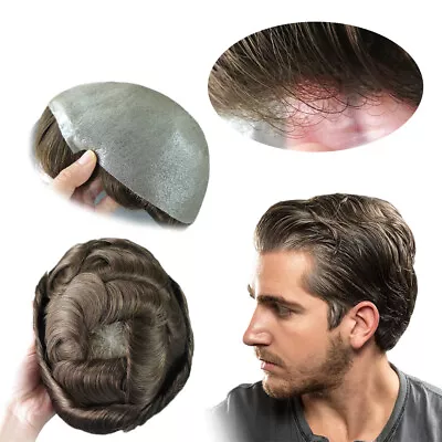 Mens Thin Skin Toupee Hair Replacement System Hairpiece BIO Human Hair Wigs • $119.99