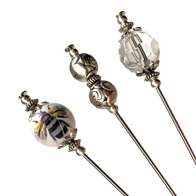 £14.99 • Buy 3x Hat Pins Ceramic Bumble Bee, Silver & Crystal  5” Long Hat Pin, Scarf Pin,