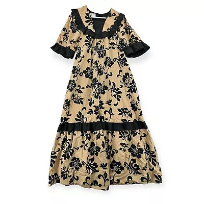 Vintage Ruh Muumuu Maxi Dress Womens Size 14 Hawaiian Floral Black Beige • $39.99