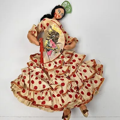 VTG Antique Spanish Flamenco Dancer Doll Handmade Painted Cloth Matador Fan 11  • $21.21