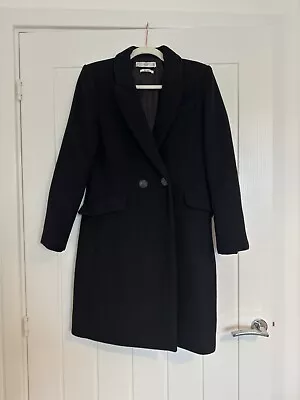 Mango Black Midi Button Long Sleeve Lapel Wool Blend Coat Jacket Size Small • £17.50