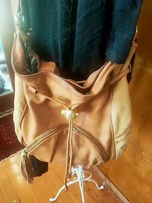 MIMCO Leather Crossbody Drawstring Bag Tan- Fabric Detail (Vintage?) • $48.93