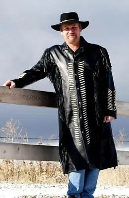 Men Black Real Leather Western Style Cowboy Coat Fringed & Beaded - Long Coat  • $79.99