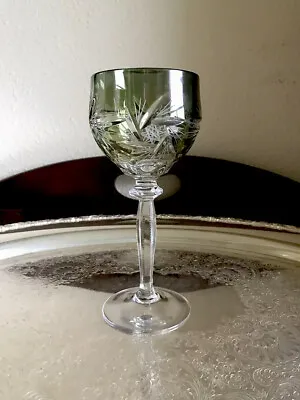 Vintage Cut To Clear Lead Crystal Wine Hock Goblet Glass Green Stemware Barware • $17.99