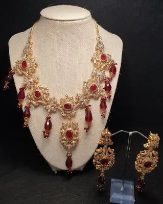 Traditional Indian Wedding Jewellery Set; Crystal Goldtone Red Clear; NWOT  • $40