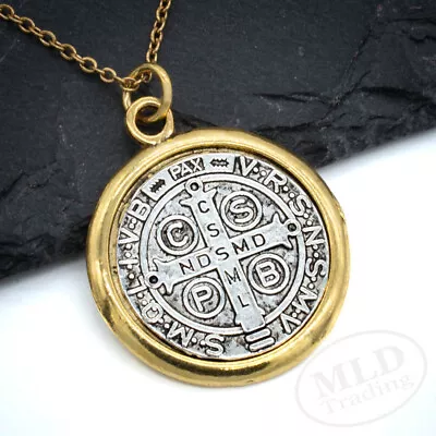 Saint St Benedict Medal Pendant Necklace: Silver W/ Gold Border 1  18  Chain • $11.99