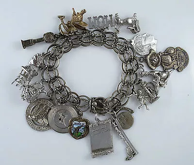 VINTAGE HEAVY STERLING SILVER DOUBLE LINK CHARM BRACELET With 20 CHARMS - NR • $129