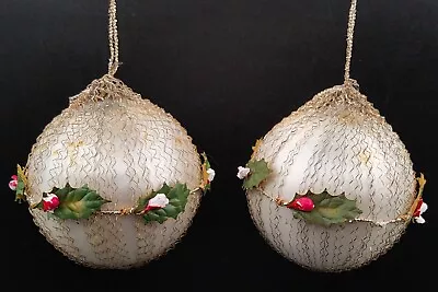 2 Vintage Crinkle Wire Wrapped Christmas Ball Ornaments With Holly • $49.99