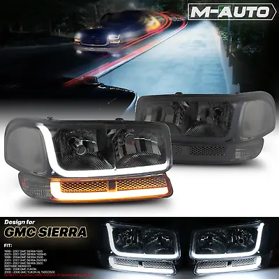 [LED LIGHT BAR DRL]Smoke Headlight+Switchback Signal Bumper For 1999-2006 Sierra • $125.99