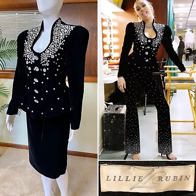 Vintage 1980s Lillie Rubin Dress Suit Black Velvet Rhinestone Miley Cyrus • $300