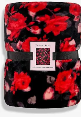 NEW Victoria's Secret Floral Sherpa Blanket Cozy Plush Black Red Roses 50  X 60  • $23.99