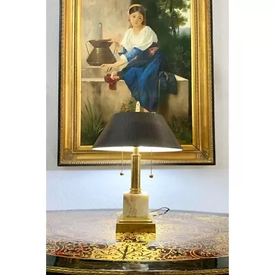 Lamp Vintage Brass Onyx Marble Double Pull Light With Shade Lighting Decor • $320