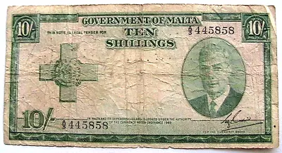 1949 Malta UK 10 Shillings Fine+ British Currency Paper Money Banknote P-21 • $33