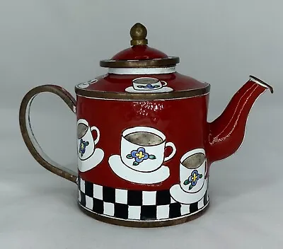 Kelvin Chen 3  Miniature Enamel Teapot With Coffee Mugs Red Black White Checks • $25