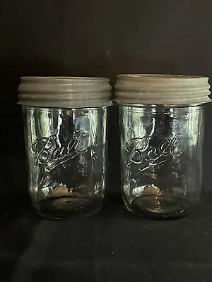 Lot Of 2 Vintage Ball Clear Wide Mouth 12 Oz Glass Canning Jars With Zinc Lids • $15