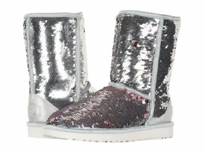 UGG Womens Classic Short Sequin Sparkles Boots Silver Pink Reversible SZ 8 • $109.99