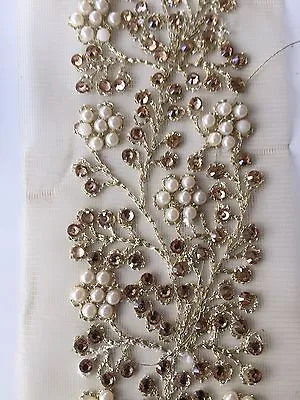 £4.50 • Buy WIDE INDIAN PEARL & CRYSTAL FLOWERS ON GOLD NET RIBBON TRIM/LACE-Sold By MTR