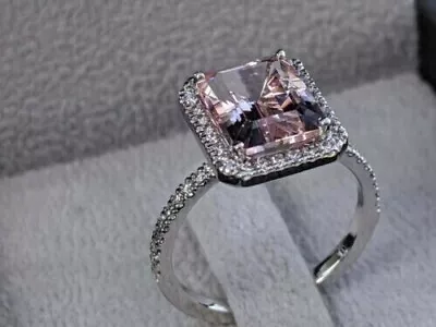 3Ct Emerald Cut Lab-Created Morganite Halo Engagement Ring 14K White Gold Plated • $84.49