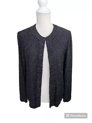 Vintage Lawrence Kazar Sequin Beaded Jacket Large Black Holiday Party Cocktail * • $38