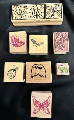 £8 • Buy 8x Various Size Wood Mounted Rubber Stamps Of Birds, Butterflies, Insects, Dino