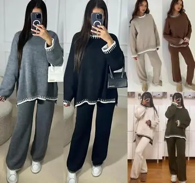 Womens Knitted Lounge Wear Ladies Wide Leg Palazzo Top Trousers Tracksuit Set • £21.49