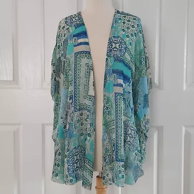 Elan Blue Green Floral Open Front Boho Cover Up Sheer Blouse  • $8.99