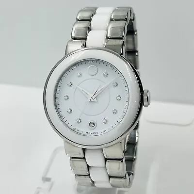 Movado Cerena Women's Diamond Silver Steel White Ceramic 37mm Watch 0606540 • $375