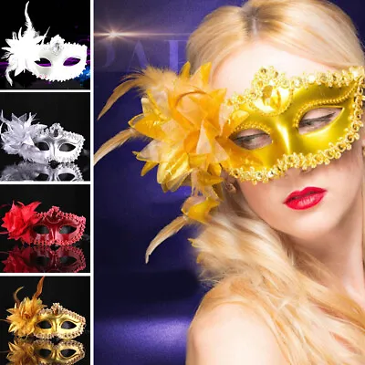 Women Flower Feather Lace Eye Mask Masquerade Ball Party Halloween Costume • £3.73