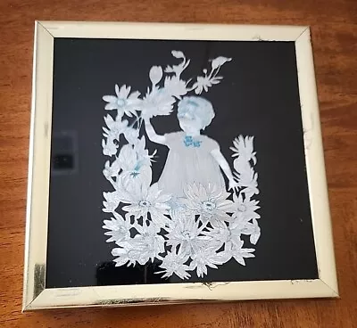 Vintage Kafka Metallic Art Framed Foil Picture Girl & Flowers 6x6 • $5