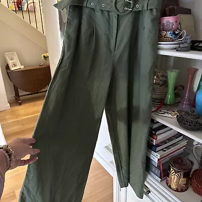 Witchery Khaki Green 100% Linen Wide Leg Pants Khaki Size 10 Belt  $150 As New • $20