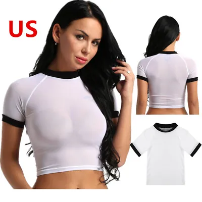 US Women Sheer Mesh Crop Tops Slilm Fit Stretchy Tee Top Casual T Shirt Clubwear • $7.47
