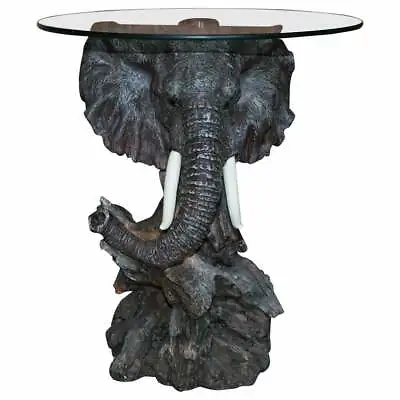 Stunning Realistic Hand Painted Elephants Head Side End Lamp Table Round Glass • £750