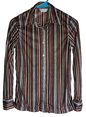 Vintage Wayne Rogers Brown Stripe Thin Almost Sheer Button Down Blouse Small • $49.99